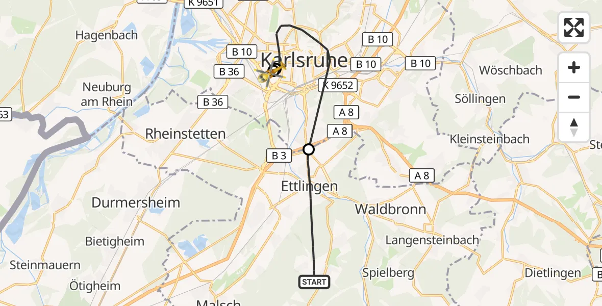 Flugroute Ambulanzhubschrauber Ettlingen - Sankt Vincentius Hospital, 27 September 2026, 11:12