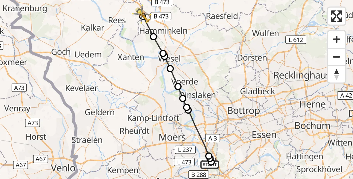 Flugroute Rettungshubschrauber Duisburg Air Rescue Hubschrauberlandeplatz (Christoph 9) - Rees, 27 September 2026, 11:15