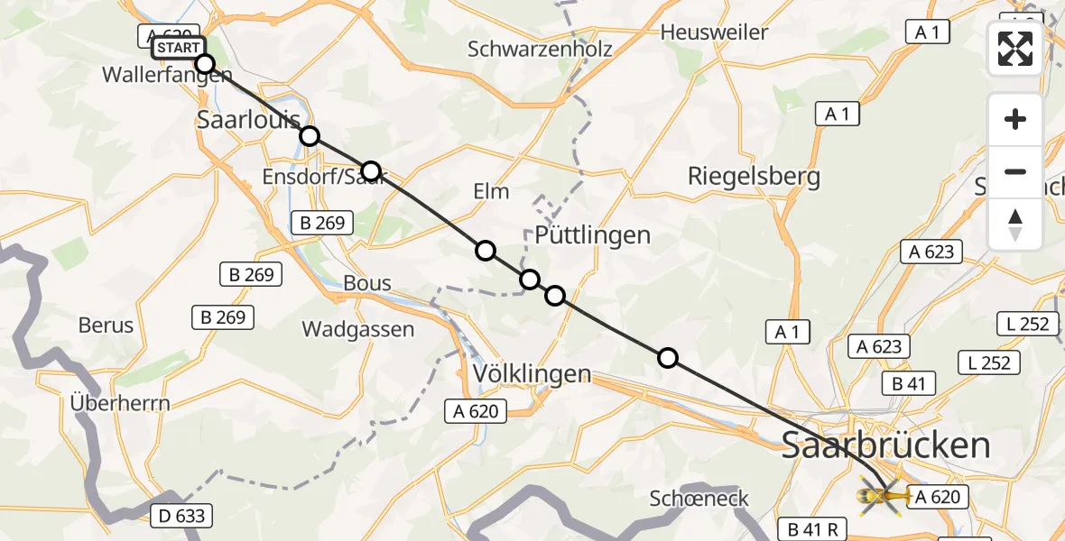 Flugroute Rettungshubschrauber Wallerfangen - Saarbrücken, 27 September 2026, 11:20