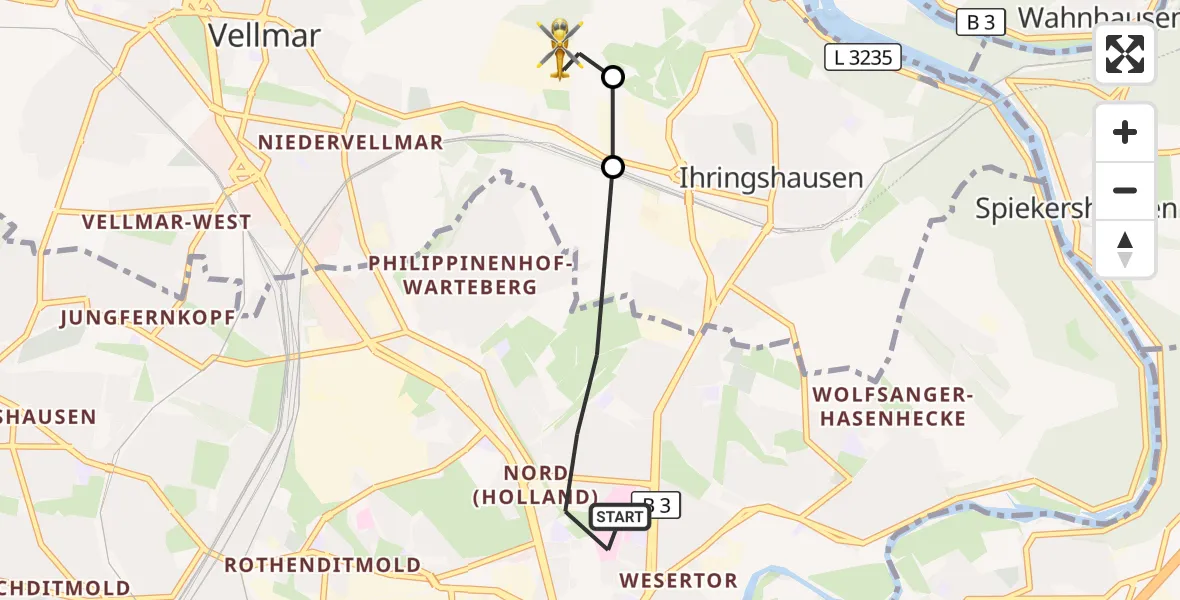 Flugroute Rettungshubschrauber Kassel - Fuldatal Bundespolizei Hubschrauberlandeplatz, 27 September 2026, 11:25