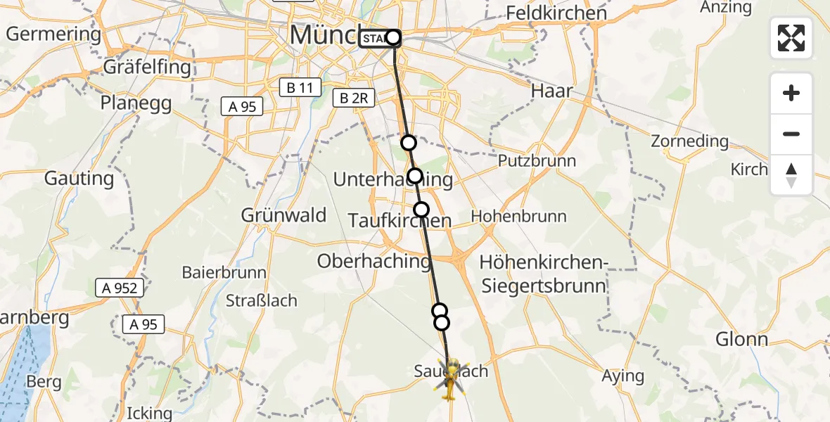 Flugroute Rettungshubschrauber Rechts der Isar University Hospital - Sauerlach, 27 September 2026, 11:30