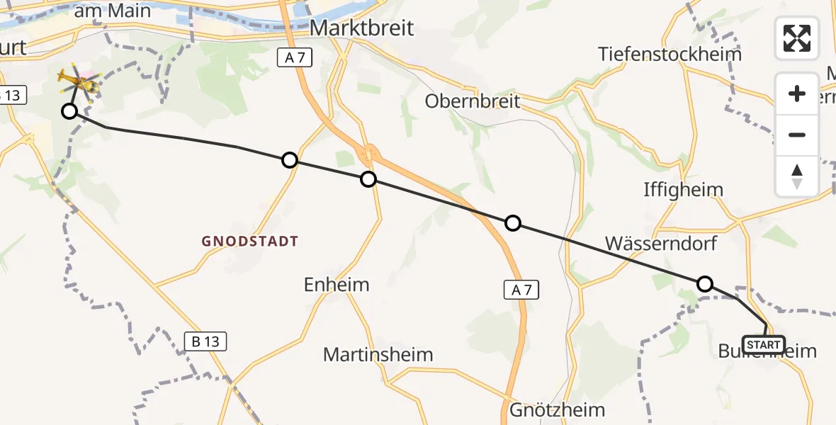 Flugroute Rettungshubschrauber Ippesheim - Ochsenfurt Hospital, 27 September 2026, 11:32
