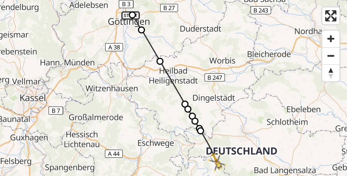 Flugroute Rettungshubschrauber Göttingen University Clinic Hubschrauberlandeplatz - Nazza, 27 September 2026, 11:34