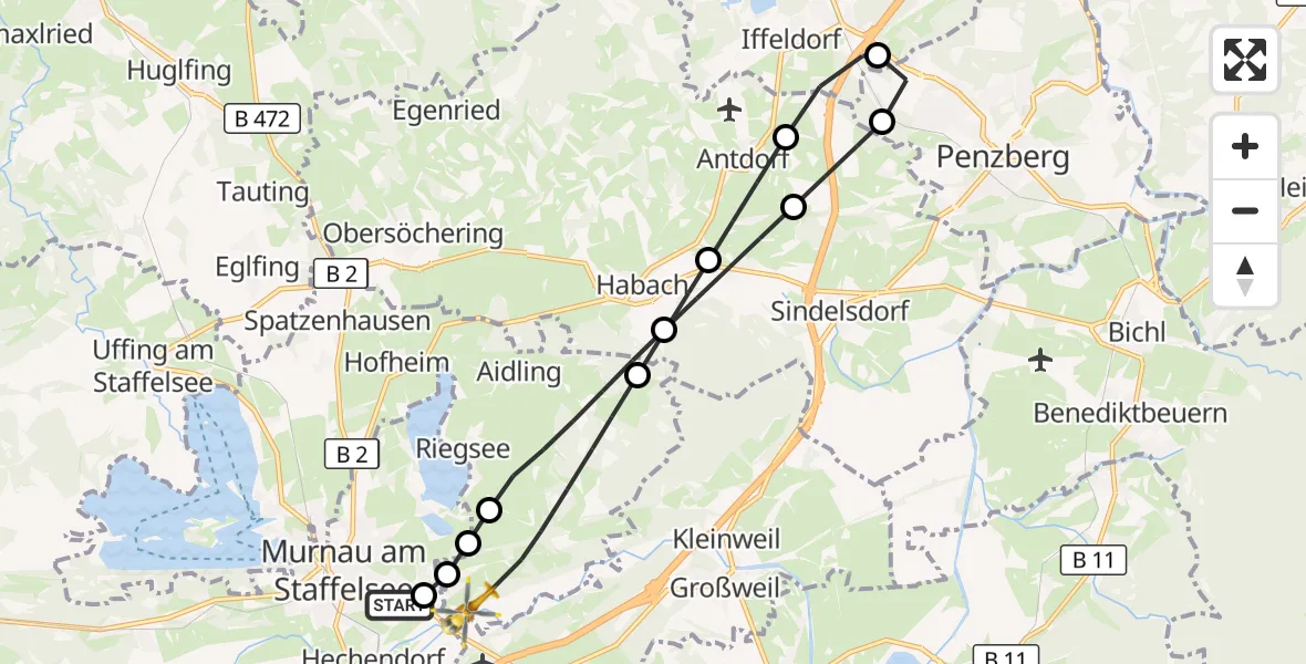 Flugroute Rettungshubschrauber Murnau Accident Hospital - Riegsee, 27 September 2026, 11:40