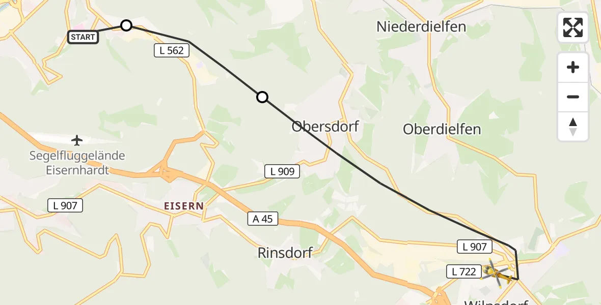 Flugroute Rettungshubschrauber Evangelisches Jung-Stilling Hospital - Wilnsdorf, 27 September 2026, 11:43