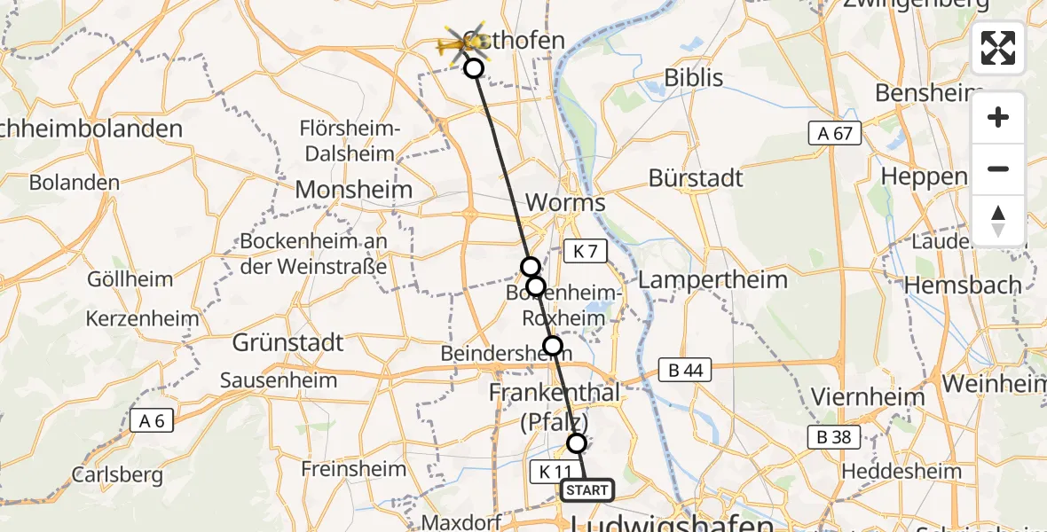 Flugroute Rettungshubschrauber Ludwigshafen am Rhein - Osthofen, 27 September 2026, 11:44