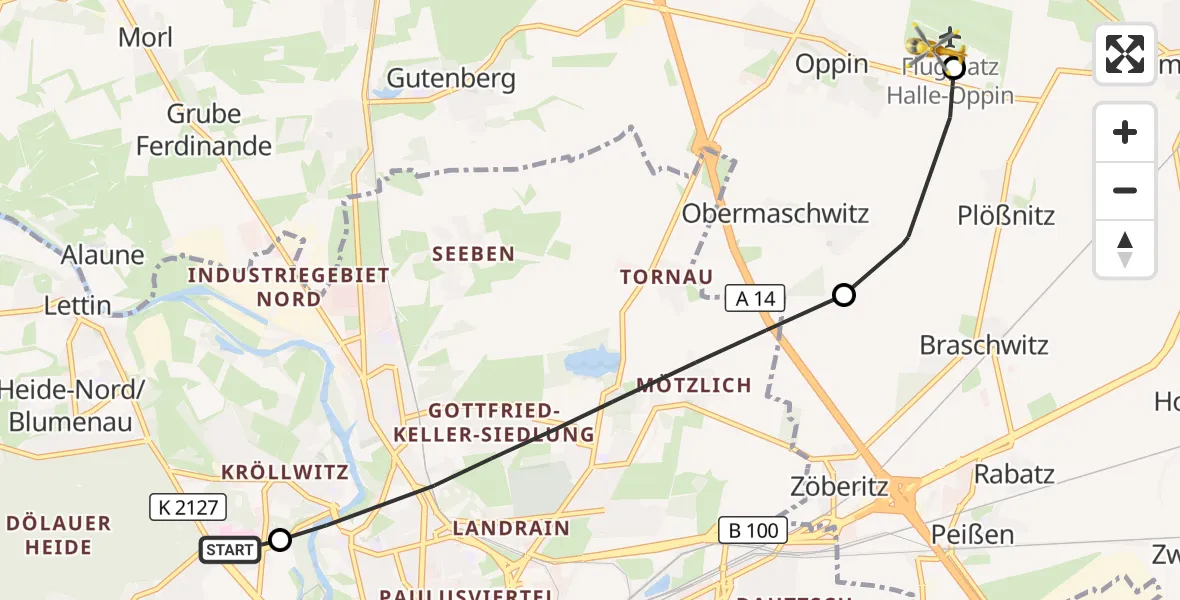 Flugroute Rettungshubschrauber Halle (Saale) University Hospital - Halle-Oppin Flugplatz, 27 September 2026, 11:48