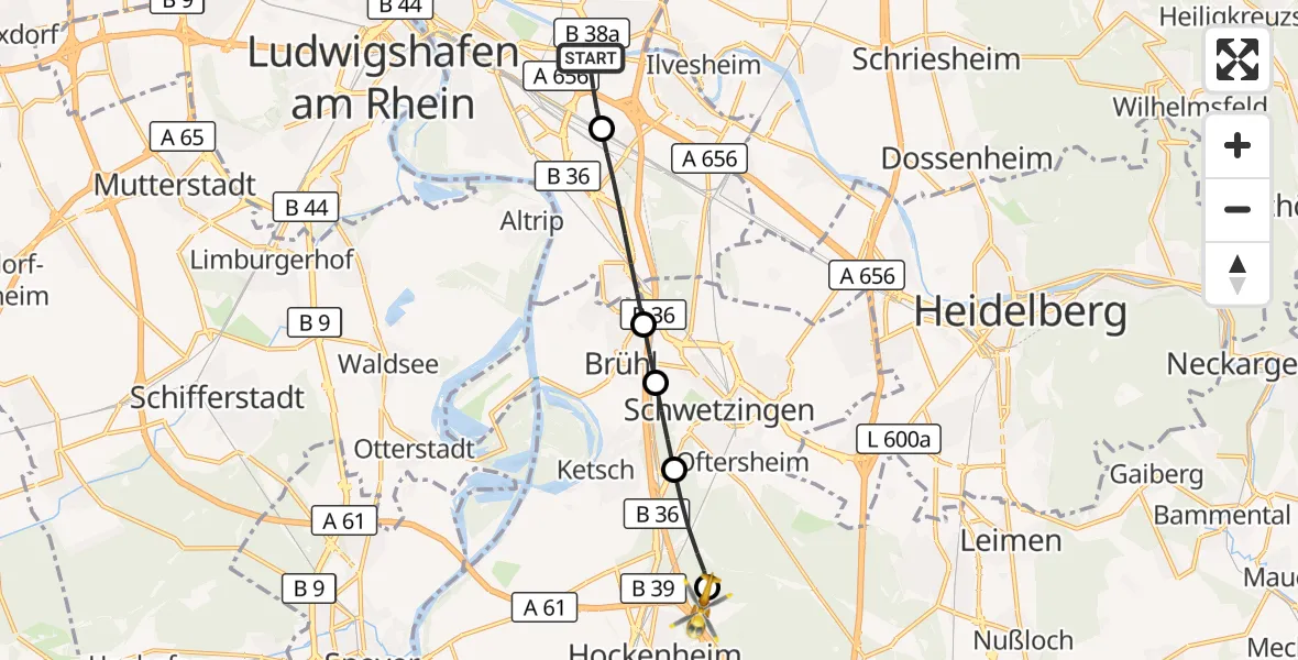 Flugroute Rettungshubschrauber Mannheim-City Flughafen - Hockenheim, 27 September 2026, 11:56