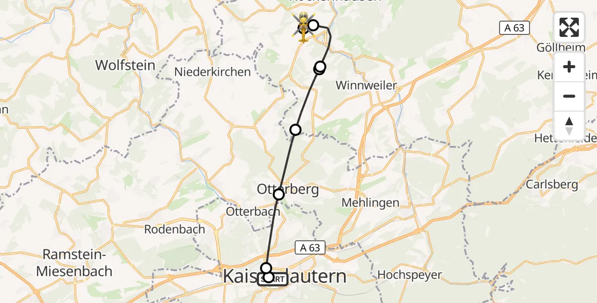 Flugroute Rettungshubschrauber Westpfalz Hospital Kaiserslautern - Rockenhausen, 27 September 2026, 11:56