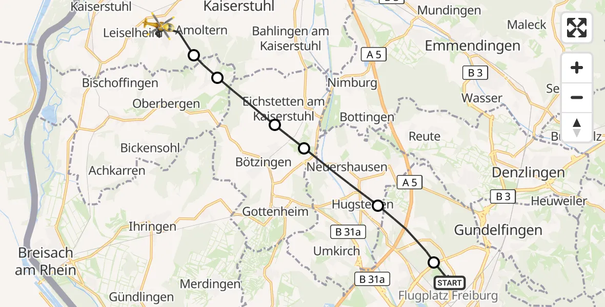 Flugroute Ambulanzhubschrauber Freiburg im Breisgau Flugplatz - Endingen am Kaiserstuhl, 27 September 2026, 12:09