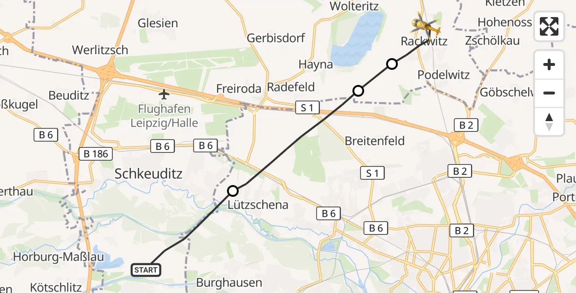 Flugroute Rettungshubschrauber Schkeuditz - Rackwitz, 27 September 2026, 12:10
