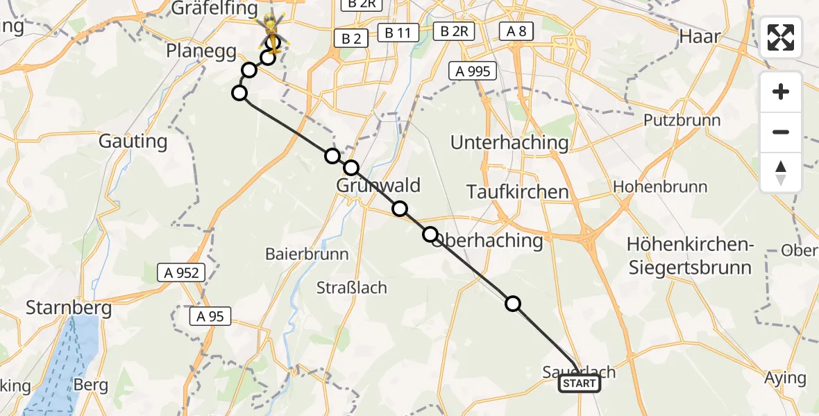Flugroute Rettungshubschrauber Sauerlach - DRF Air Rescue München Hubschrauberlandeplatz, 27 September 2026, 12:12