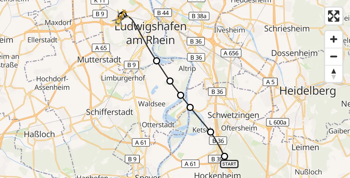 Flugroute Rettungshubschrauber Hockenheim - Ludwigshafen Accident Hospital, 27 September 2026, 12:21