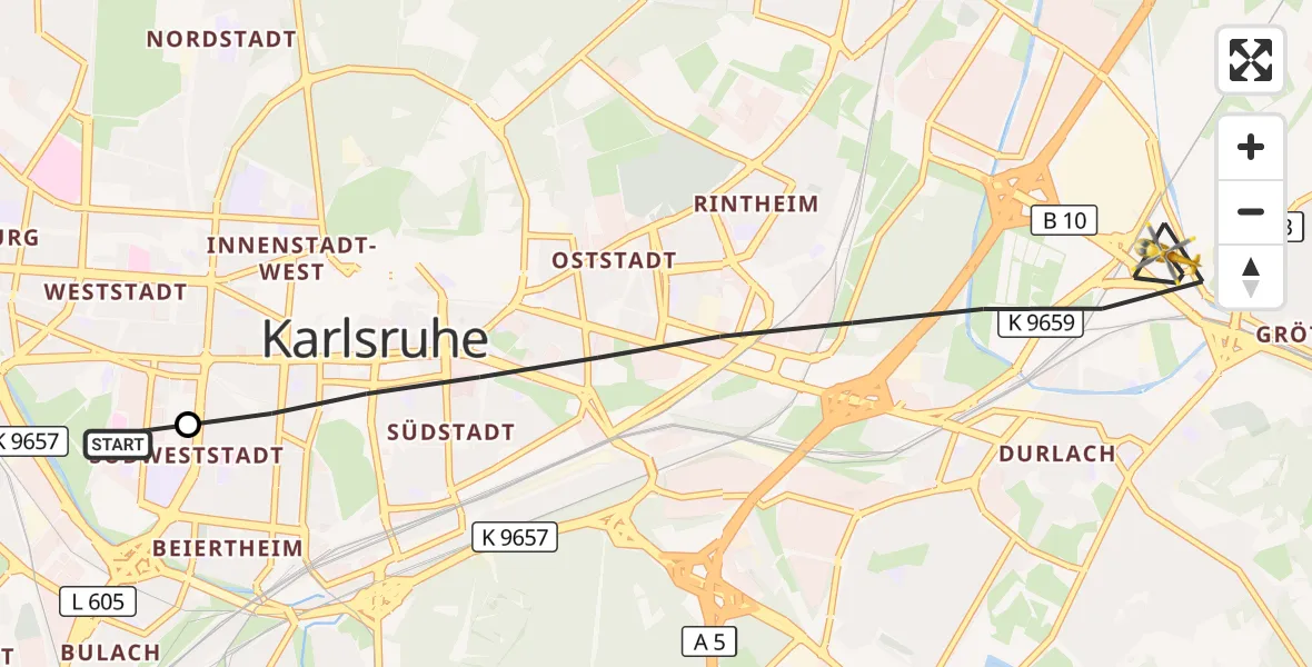 Flugroute Ambulanzhubschrauber Sankt Vincentius Hospital - Karlsruhe, 27 September 2026, 12:26