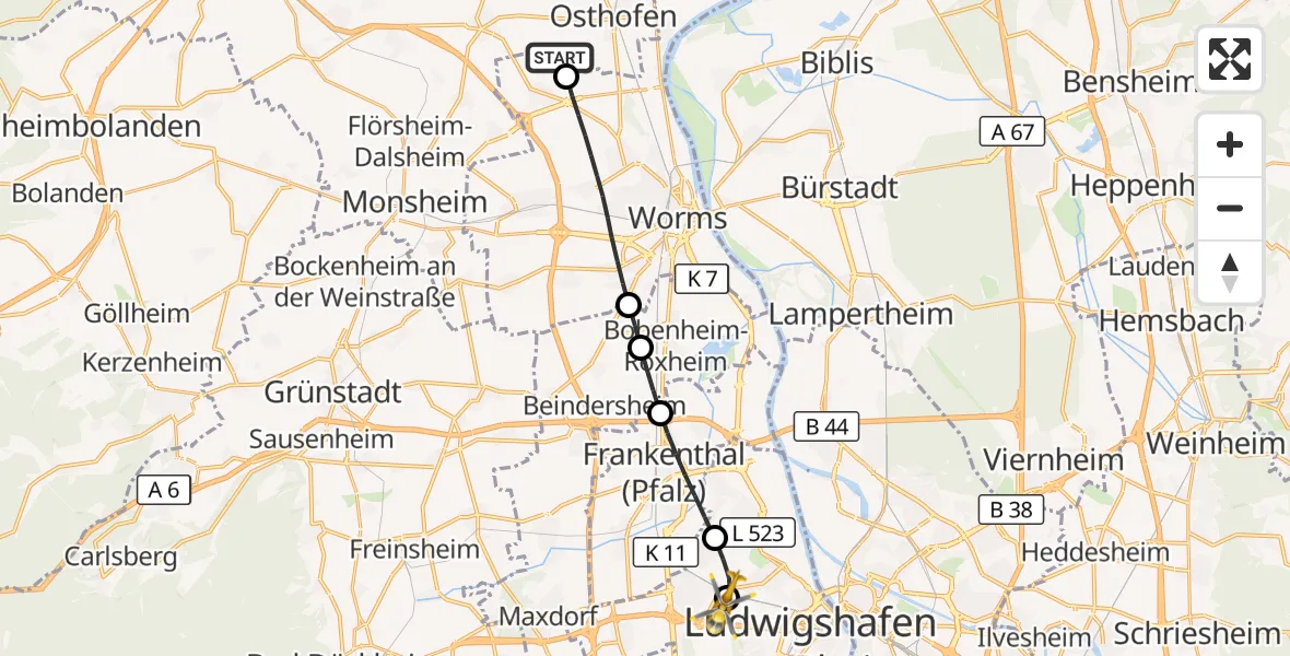 Flugroute Rettungshubschrauber Osthofen - Ludwigshafen Accident Hospital, 27 September 2026, 12:31