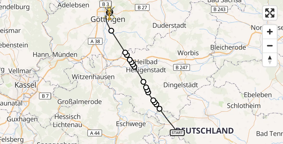 Flugroute Rettungshubschrauber Südeichsfeld - Göttingen University Clinic Hubschrauberlandeplatz, 27 September 2026, 12:33