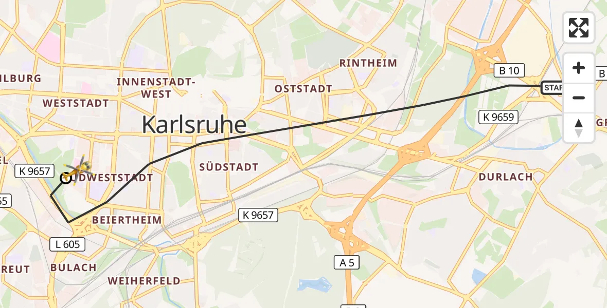 Flugroute Ambulanzhubschrauber Karlsruhe - Sankt Vincentius Hospital, 27 September 2026, 12:40
