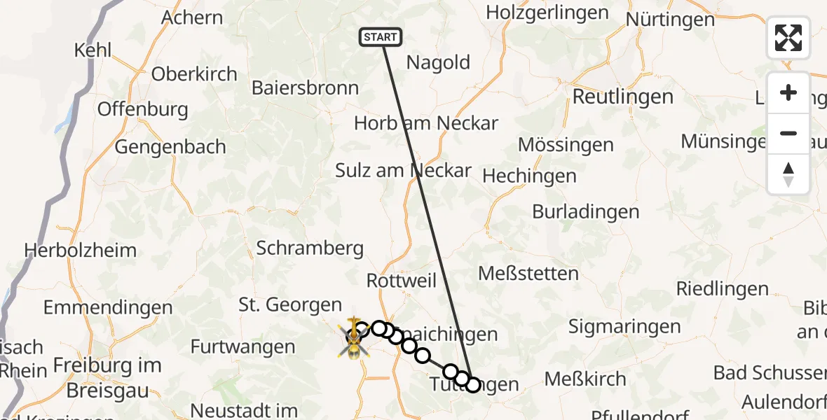 Flugroute Ambulanzhubschrauber Altensteig - DRF Air Rescue Station Villingen-Schwenningen Hubschrauberlandeplatz (Christoph 11), 27 September 2026, 12:41