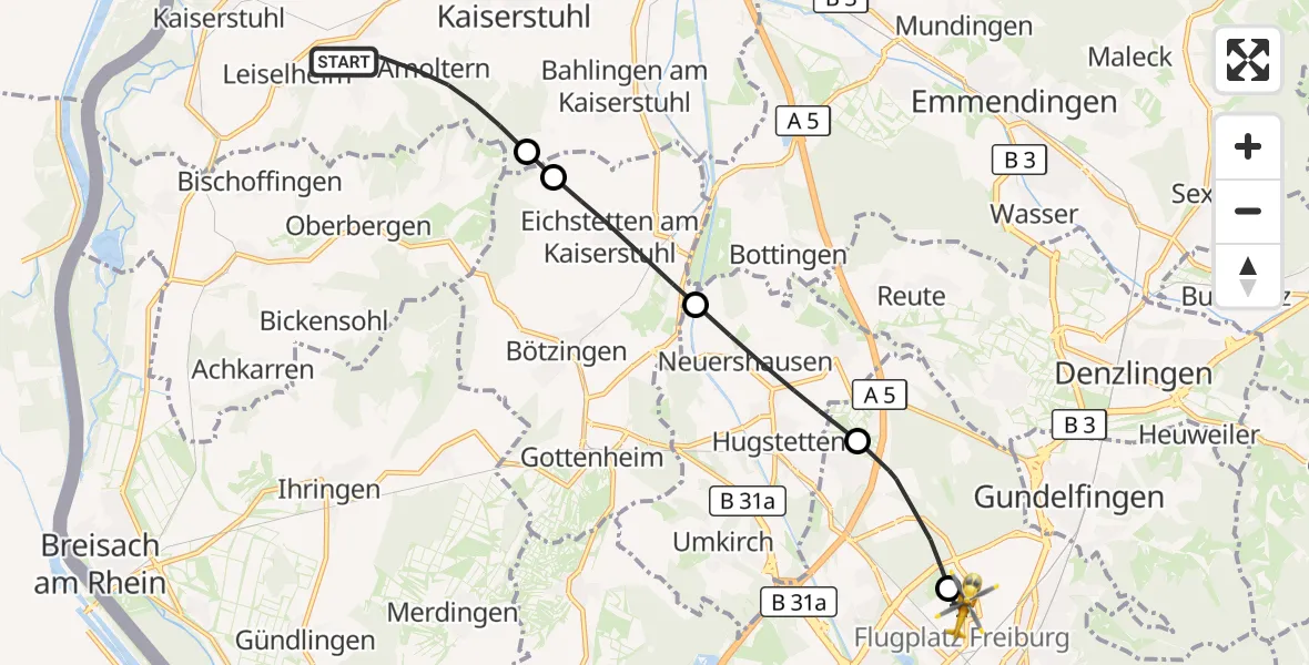 Flugroute Ambulanzhubschrauber Endingen am Kaiserstuhl - Freiburg im Breisgau Flugplatz, 27 September 2026, 12:45