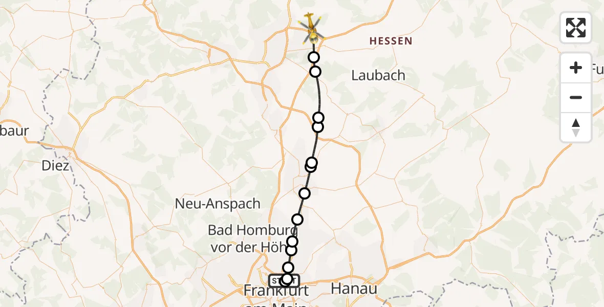 Flugroute Rettungshubschrauber Frankfurt am Main Accident Hospital Roof - Buseck, 27 September 2026, 12:48