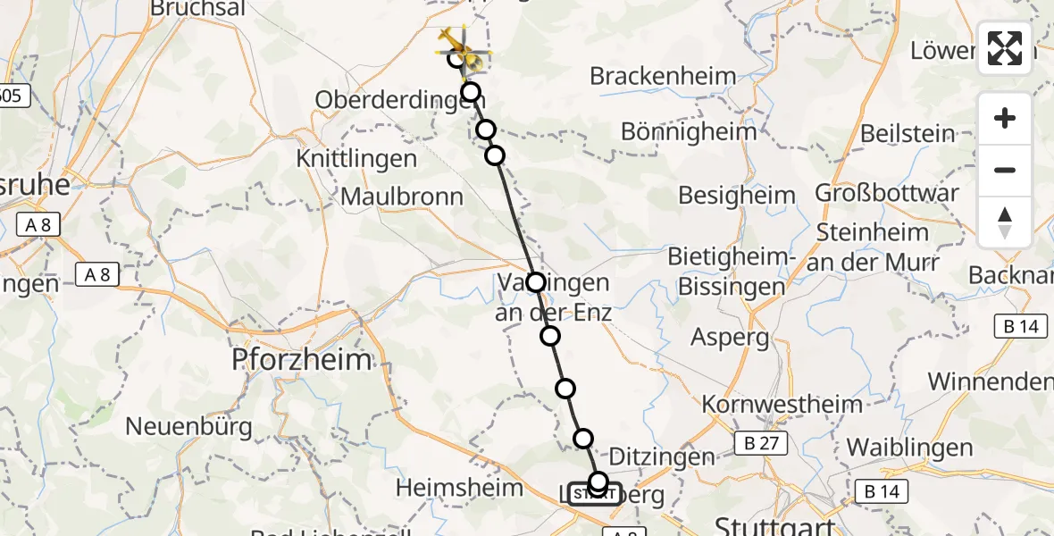 Flugroute Rettungshubschrauber Leonberg Hospital - Sulzfeld, 27 September 2026, 12:49