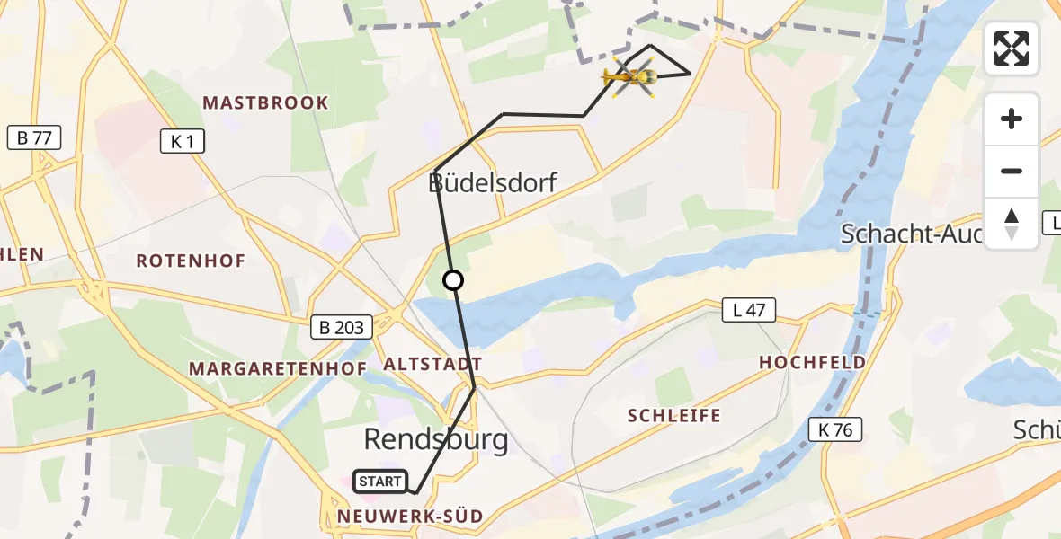Flugroute Ambulanzhubschrauber Rendsburg - Büdelsdorf, 27 September 2026, 12:57
