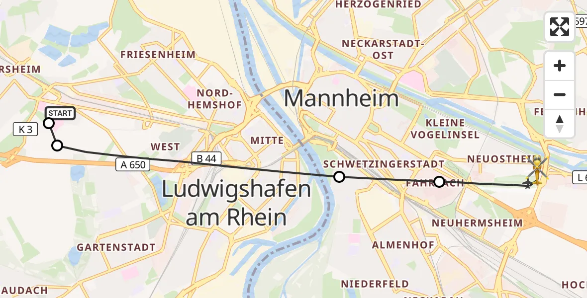Flugroute Rettungshubschrauber Ludwigshafen Accident Hospital - Mannheim-City Flughafen, 27 September 2026, 12:58