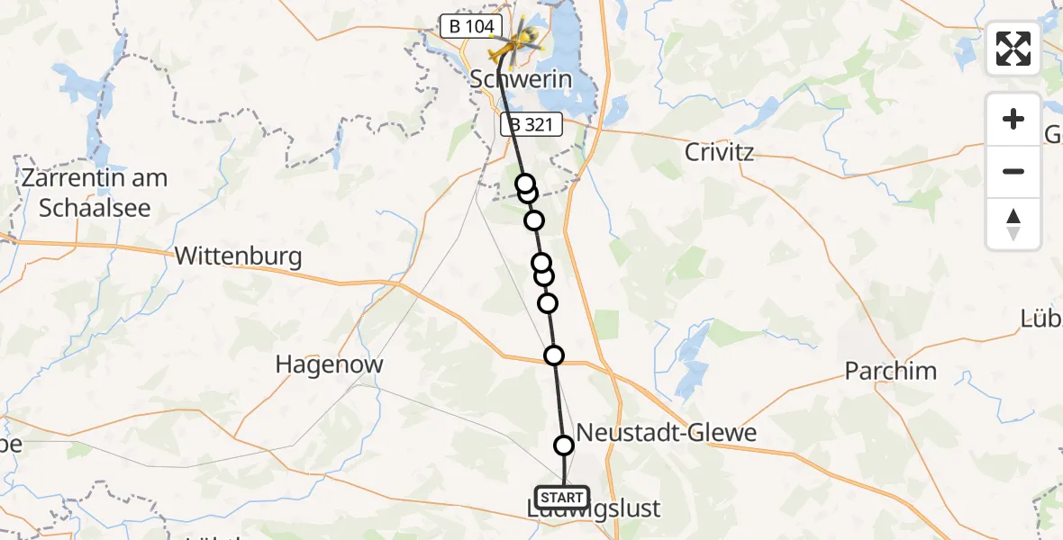 Flugroute Rettungshubschrauber Ludwigslust - Schwerin, 27 September 2026, 13:23