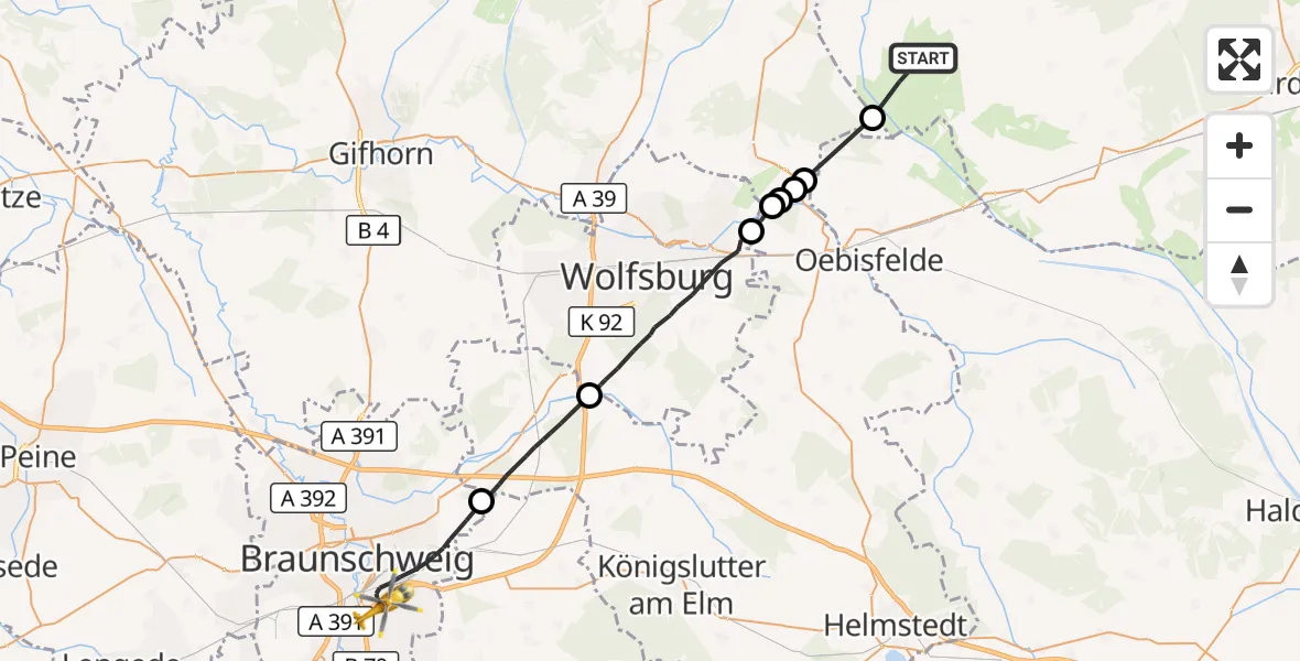 Flugroute Rettungshubschrauber Klötze - Braunschweig, 27 September 2026, 13:23