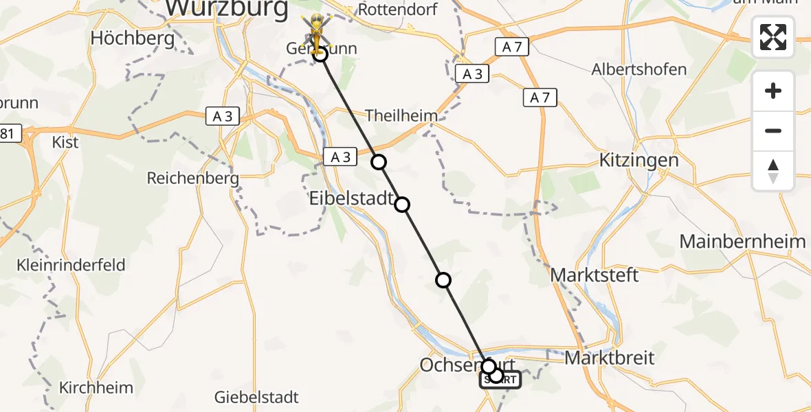 Flugroute Rettungshubschrauber Ochsenfurt Hospital - Gerbrunn, 27 September 2026, 13:29