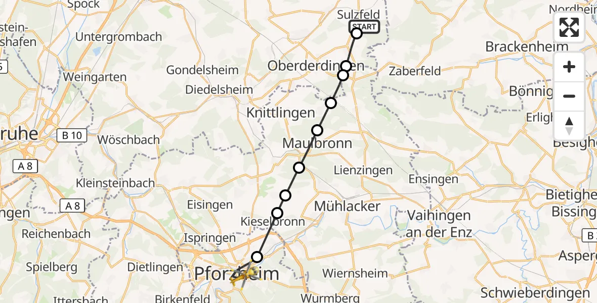 Flugroute Rettungshubschrauber Sulzfeld - Pforzheim, 27 September 2026, 13:32