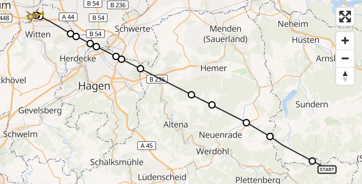 Flugroute Rettungshubschrauber Finnentrop - Bochum University Miners' Hospital, 27 September 2026, 13:34