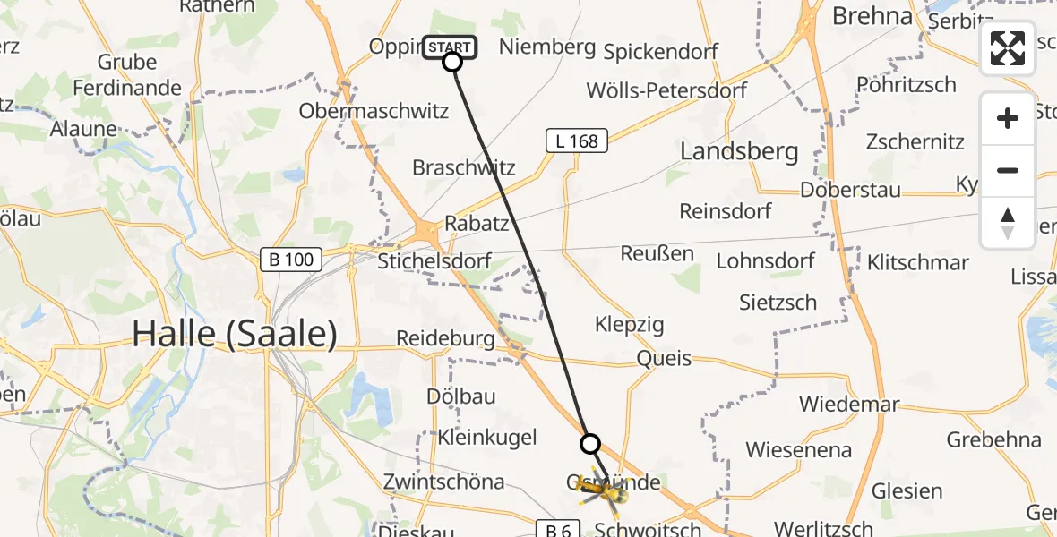 Flugroute Rettungshubschrauber Halle-Oppin Flugplatz - Kabelsketal, 27 September 2026, 13:41