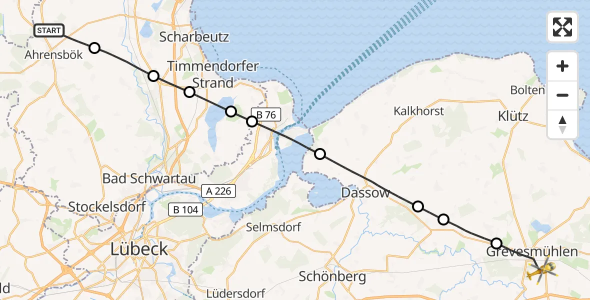 Flugroute Rettungshubschrauber Ahrensbök - Grevesmühlen, 27 September 2026, 13:42