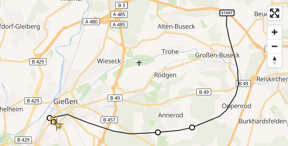 Flugroute Rettungshubschrauber Buseck - Gießen University Hospital, 27 September 2026, 13:46
