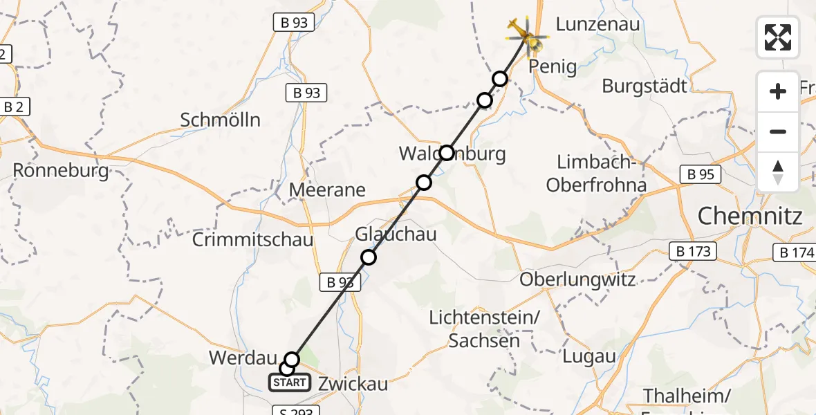 Flugroute Rettungshubschrauber ADAC Air Rescue Station Zwickau Hubschrauberlandeplatz - Penig, 27 September 2026, 13:49
