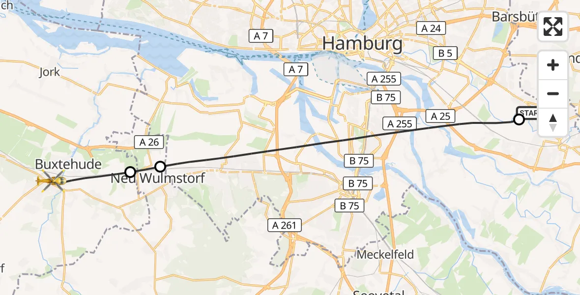Flugroute Rettungshubschrauber Christoph Hansa ADAC Hubschrauberlandeplatz - Buxtehude, 27 September 2026, 13:50