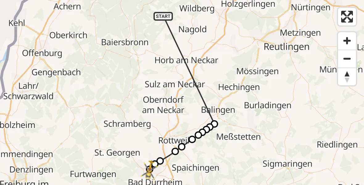 Flugroute Ambulanzhubschrauber Altensteig - DRF Air Rescue Station Villingen-Schwenningen Hubschrauberlandeplatz (Christoph 11), 27 September 2026, 13:52