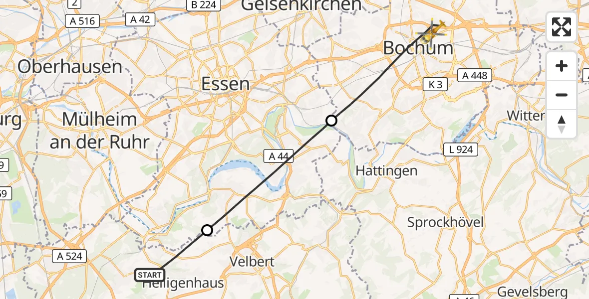 Flugroute Ambulanzhubschrauber Heiligenhaus - Bochum, 27 September 2026, 13:55