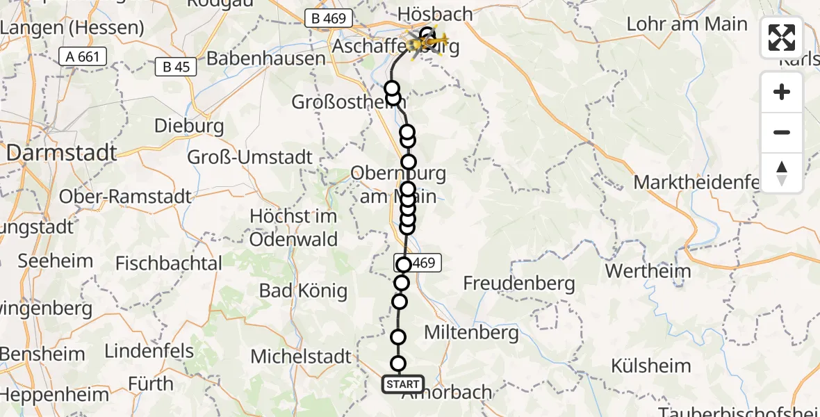 Flugroute Rettungshubschrauber Amorbach - Aschaffenburg Hospital, 27 September 2026, 14:03