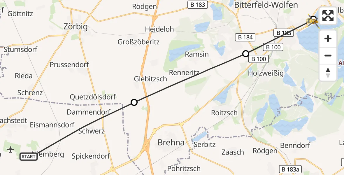 Flugroute Rettungshubschrauber Landsberg - Muldestausee, 27 September 2026, 14:07