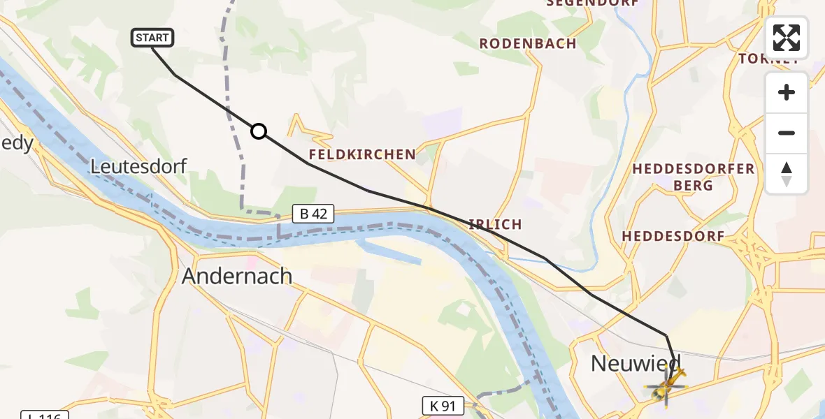 Flugroute Rettungshubschrauber Leutesdorf - Neuwied, 27 September 2026, 14:08