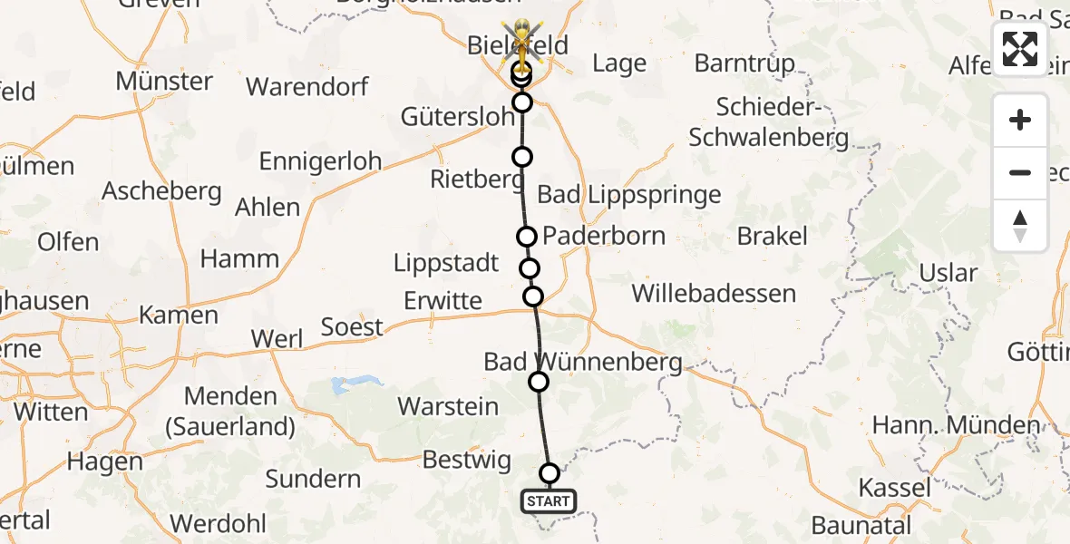 Flugroute Rettungshubschrauber Willingen (Upland) - Bielefeld, 27 September 2026, 14:08