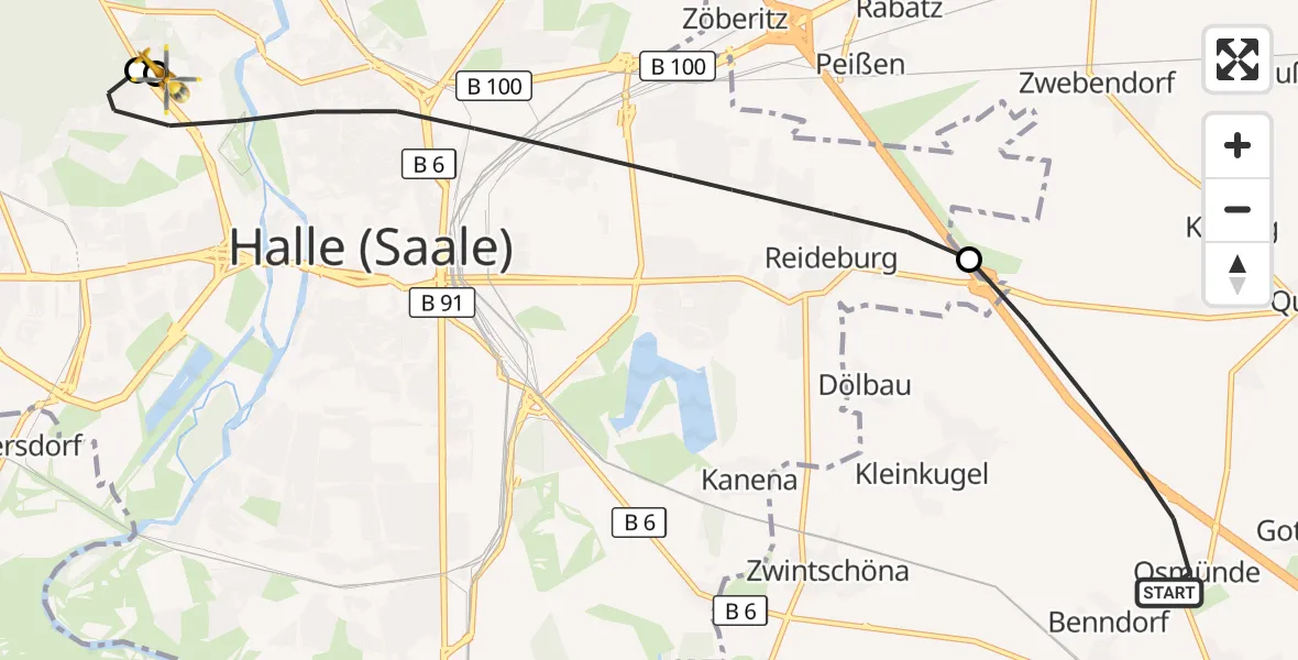 Flugroute Rettungshubschrauber Kabelsketal - Halle (Saale) University Hospital, 27 September 2026, 14:14