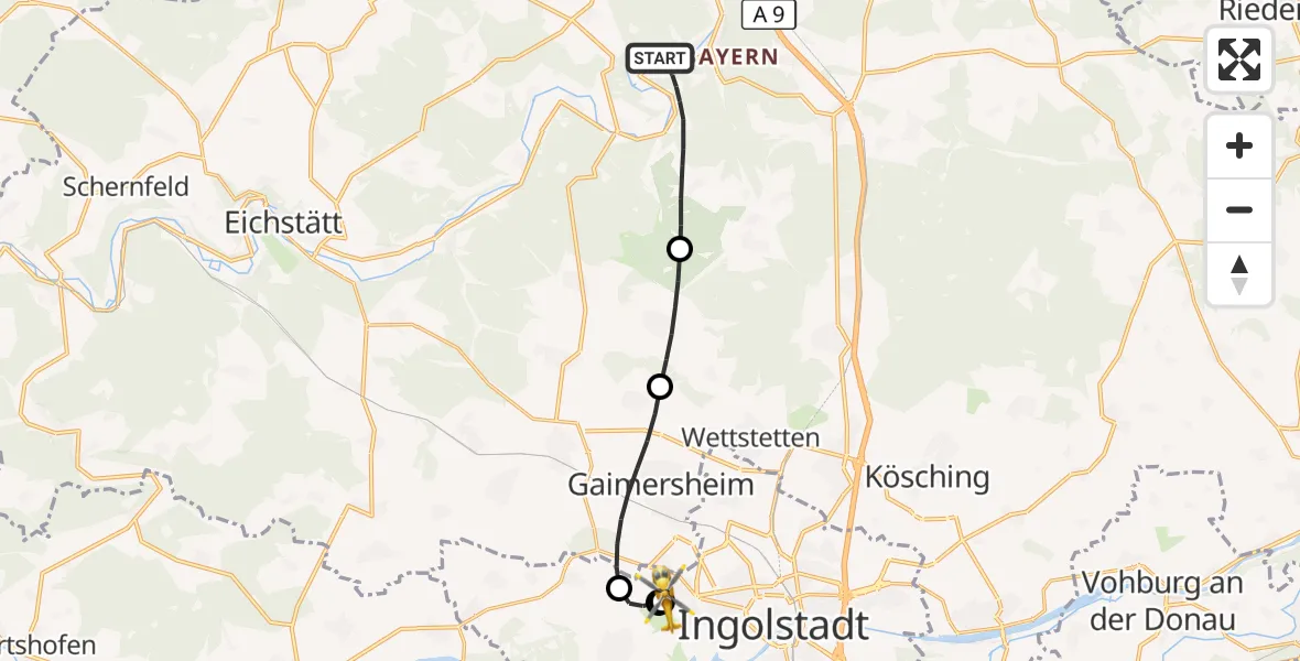 Flugroute Rettungshubschrauber Kipfenberg - Ingolstadt Hospital, 27 September 2026, 14:18