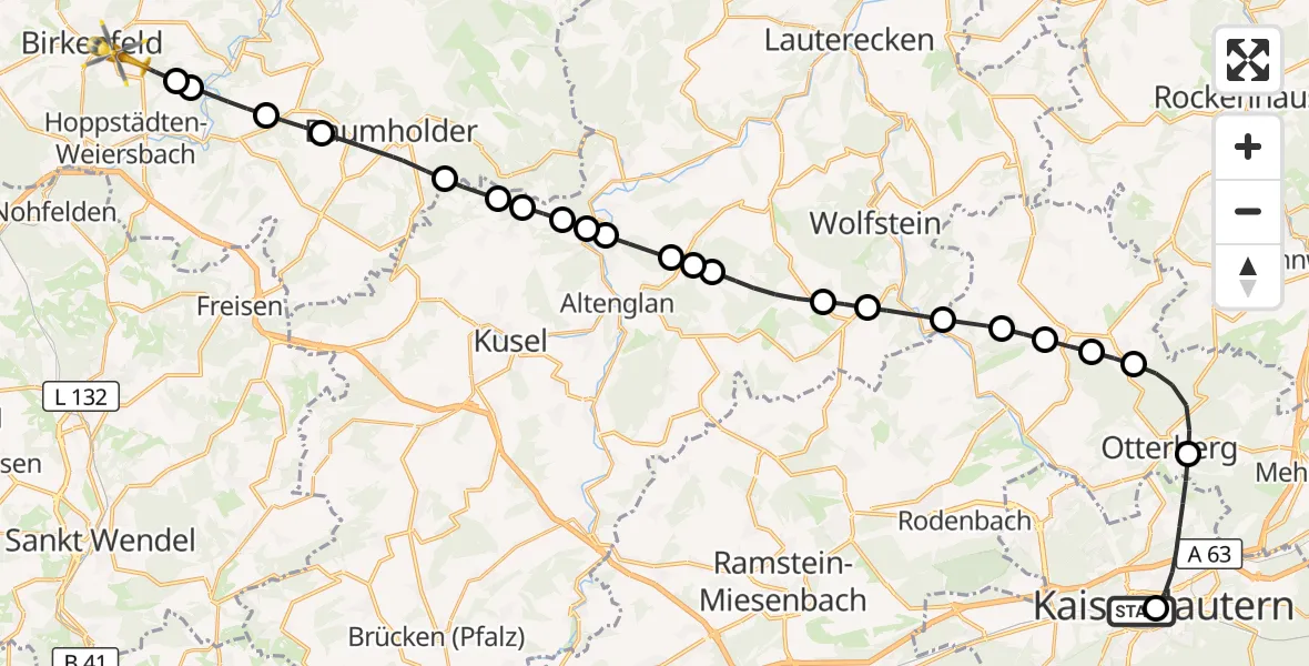 Flugroute Rettungshubschrauber Westpfalz Hospital Kaiserslautern - Birkenfeld, 27 September 2026, 14:28