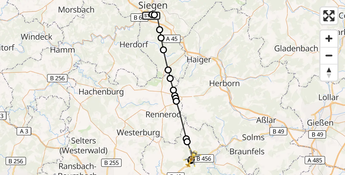 Flugroute Rettungshubschrauber Evangelisches Jung-Stilling Hospital - Merenberg, 27 September 2026, 14:33