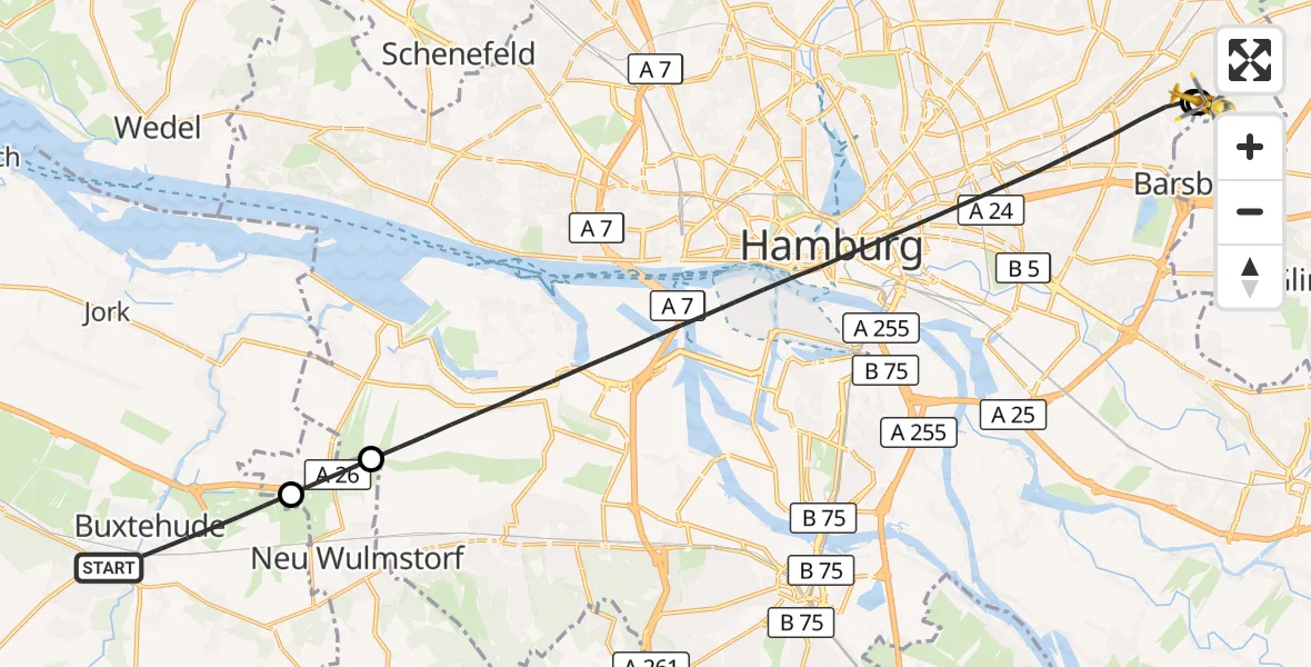 Flugroute Rettungshubschrauber Buxtehude - Wilhelmstift Catholic Children's Hospital, 27 September 2026, 14:37