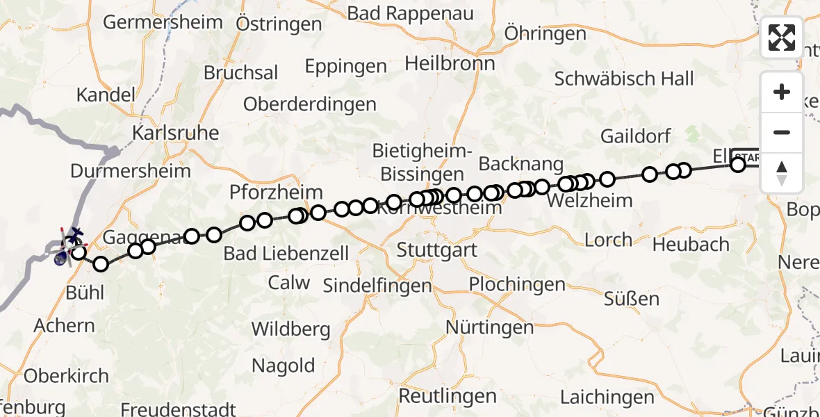 Flugroute Polizeihubschrauber Ellwangen (Jagst) - Karlsruhe Baden-Baden Flughafen, 27 September 2026, 14:40
