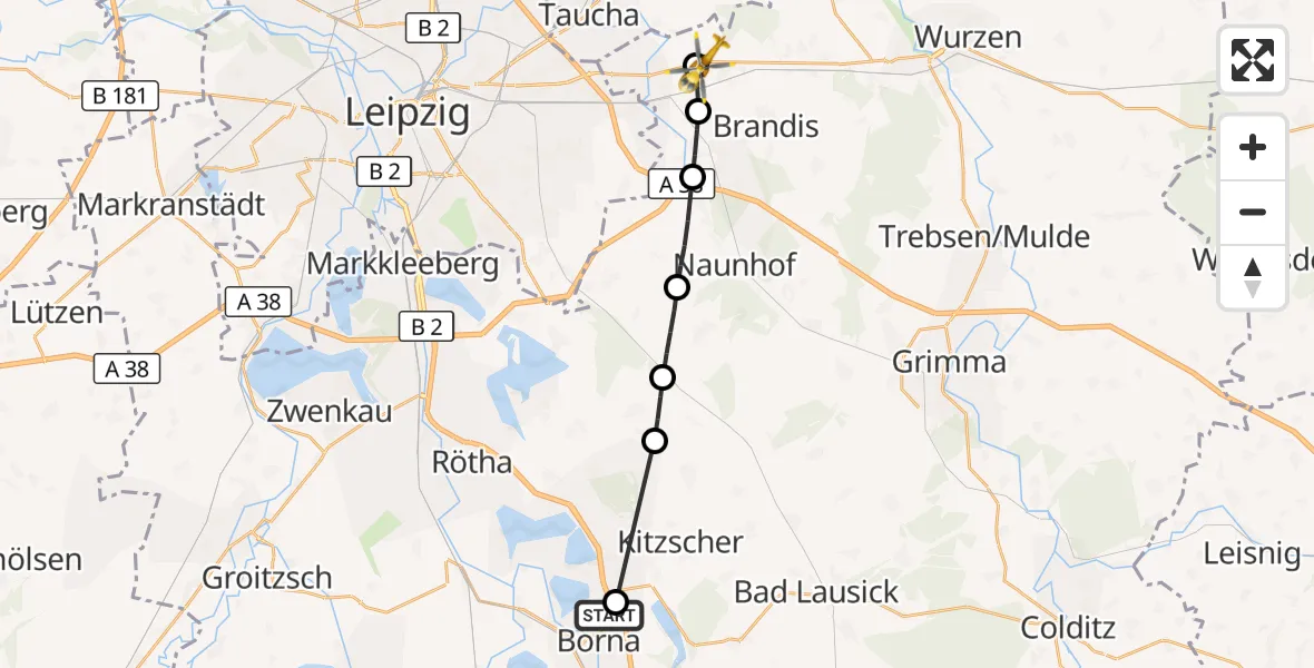 Flugroute Rettungshubschrauber Sana Hospital Borna - Machern, 27 September 2026, 14:44